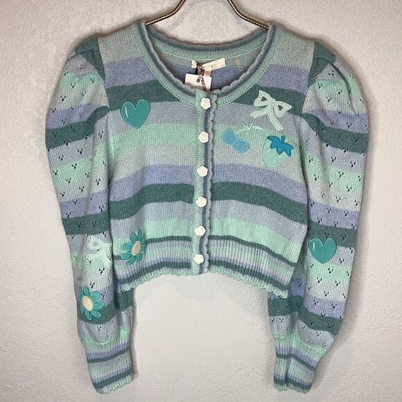 NWT LoveShackFancy Vesper Cropped Cardigan Mint Julep Multi Size Medium - Picture 2 of 16